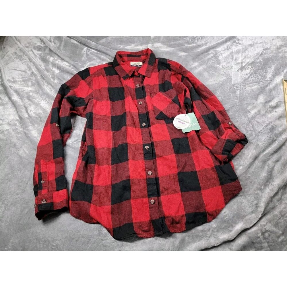 Magellan Classic Fit Shirt Women's Large Red Black Plaid Roll Tab Sleeve Button
